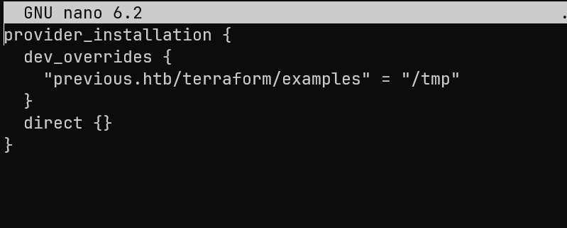 Modified .terraformrc pointing to /tmp directory
